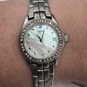 Guess Crystal Bezel Mother of Pearl Dial Silver Tone Watch Quiet Luxury Glam